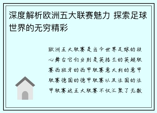 深度解析欧洲五大联赛魅力 探索足球世界的无穷精彩